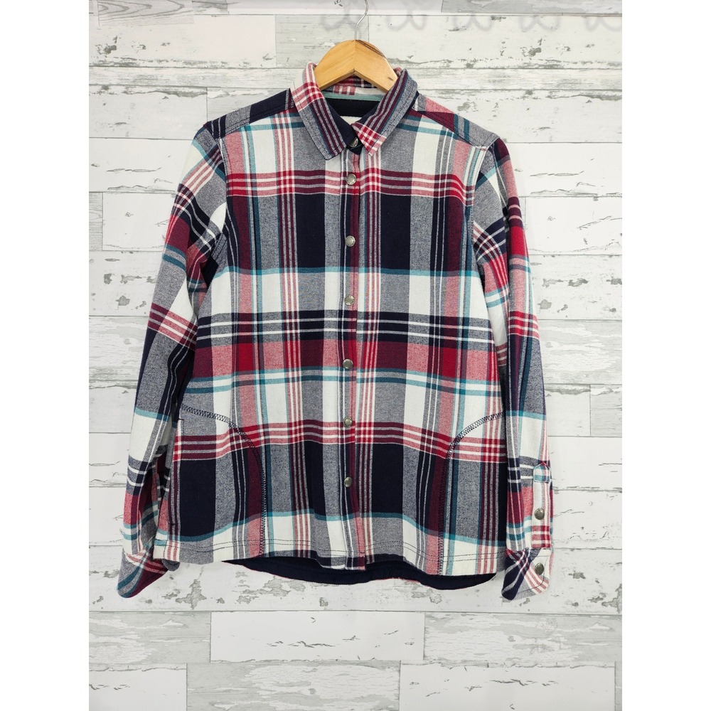 Orvis Womens Red Navy Plaid Fleece Lined Flannel Snap Front Shirt Jacket Large